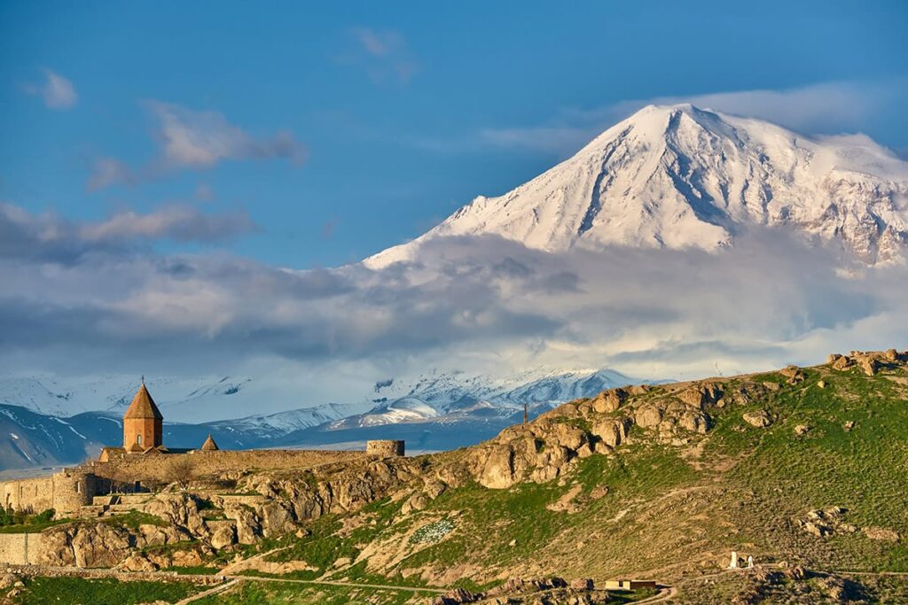 Ancient castle in Armenia with Ararat mountain in background