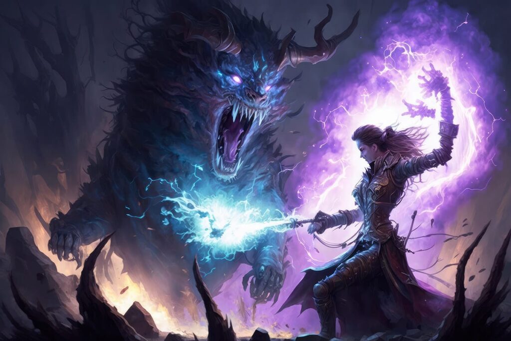 fantasy warrior battling demon illustration