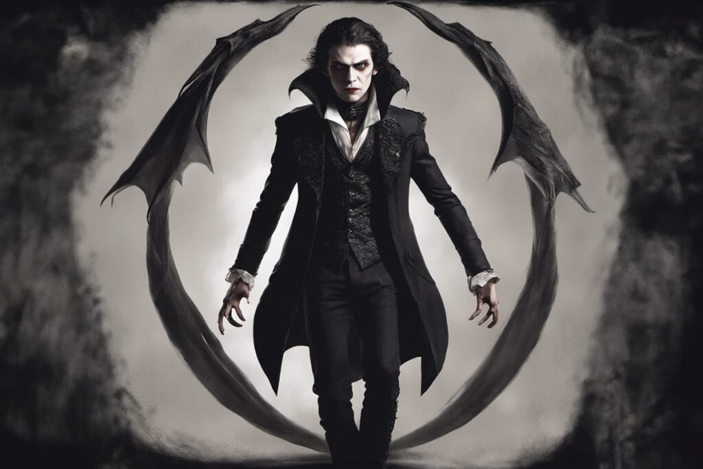 vampire walking forward with smokey background