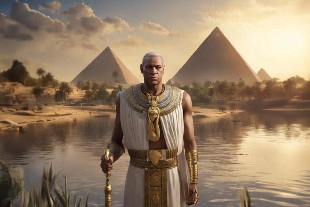 ancient egyptian standing near pyramids
