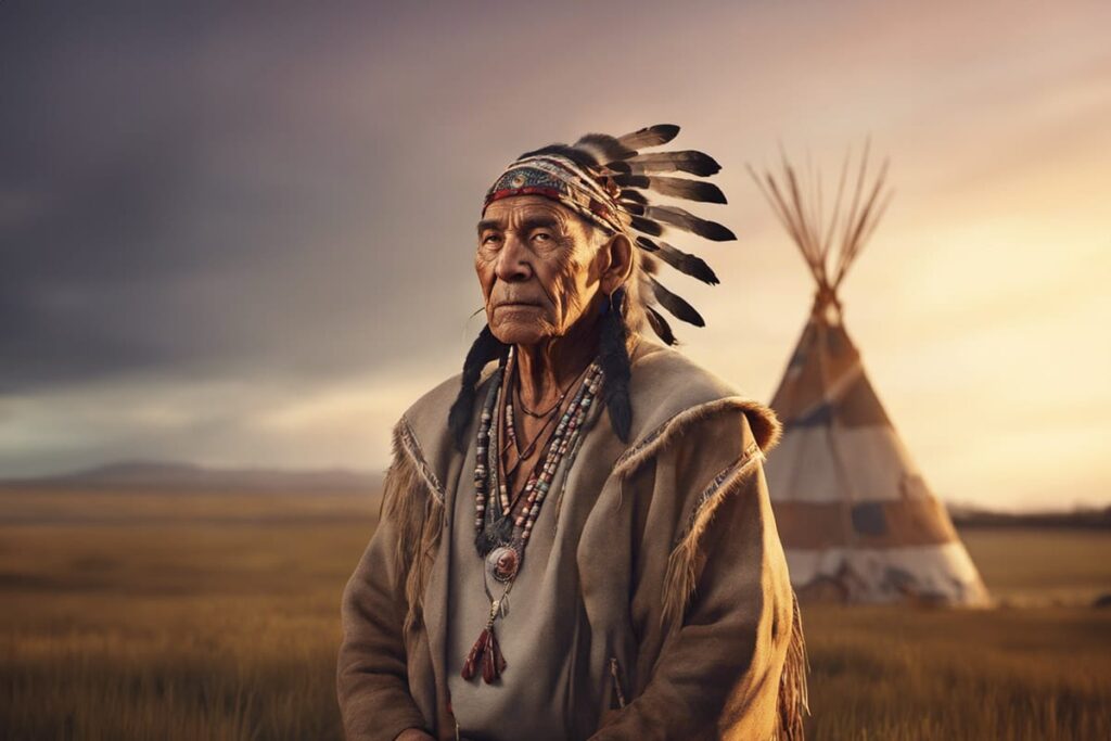 old Native American man in front of a teepee