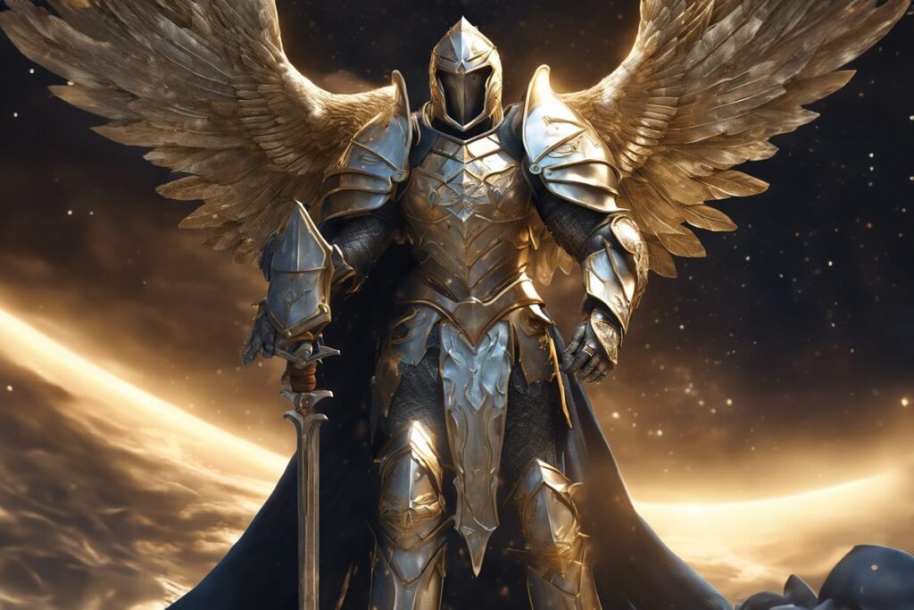 Aasimar warrior in armor with wings
