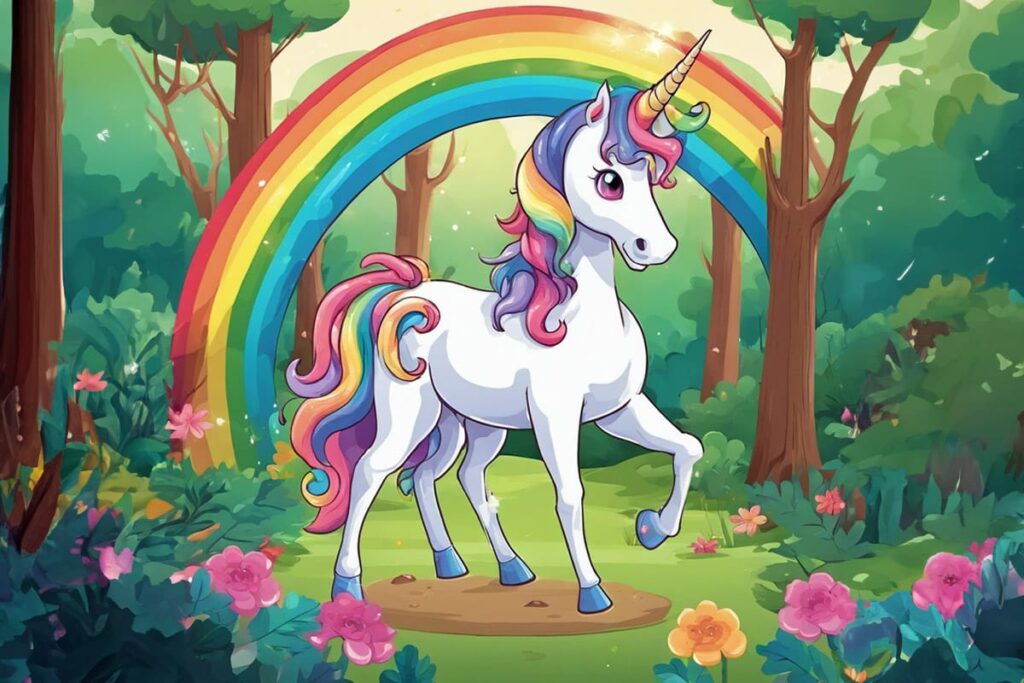 cartoon of a rainbow unicorn in the woods