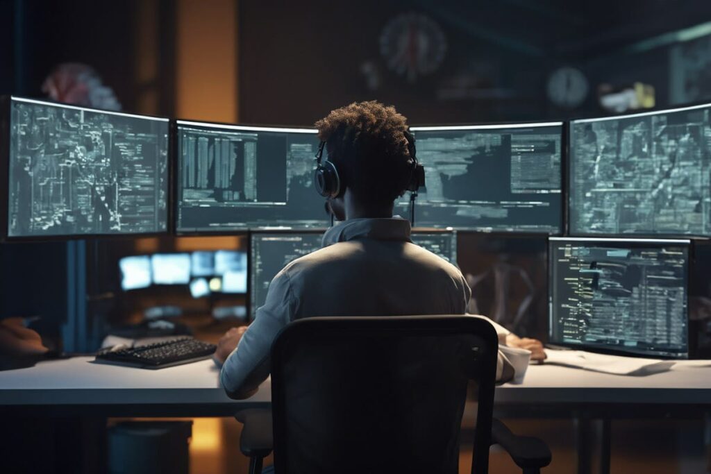 coder sitting at multiple computer screens