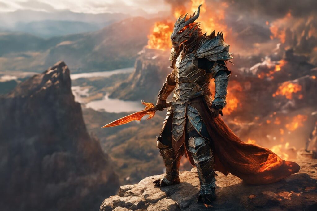 a Dragonborn warrior standing on a cliff with fire in the background