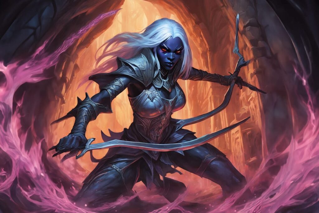 drow character with a sword and a bow