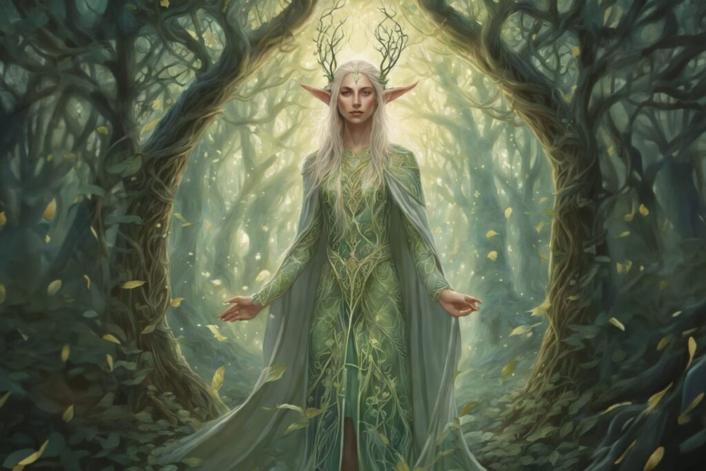 beautiful elf in the woods with trees