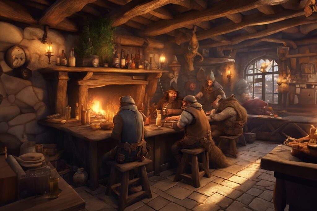 a fantasy tavern full of patrons