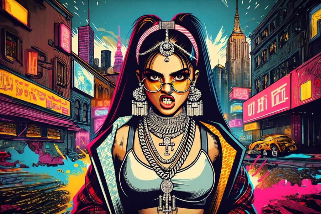 female rapper with jewelry in city illustration