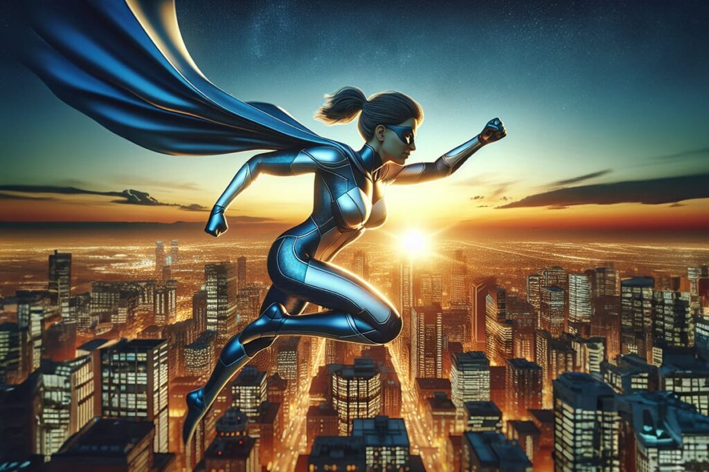 female superhero flying over a city