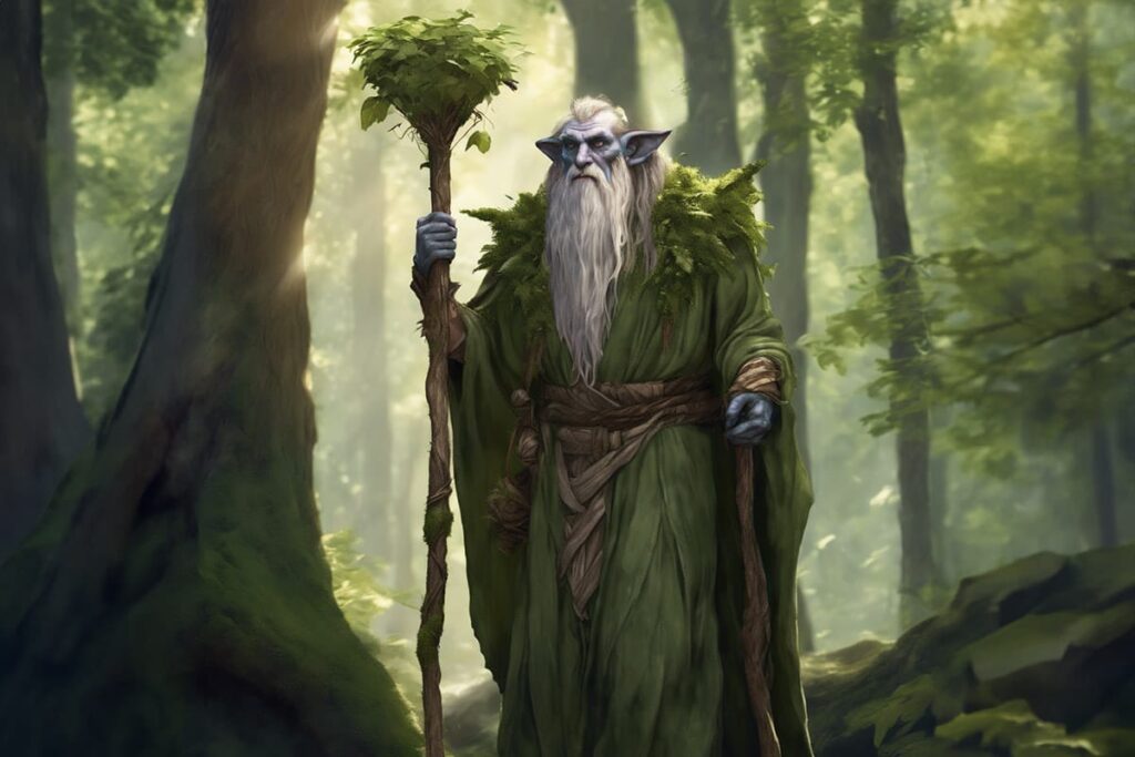 a Firbolg in the woods with tree staff