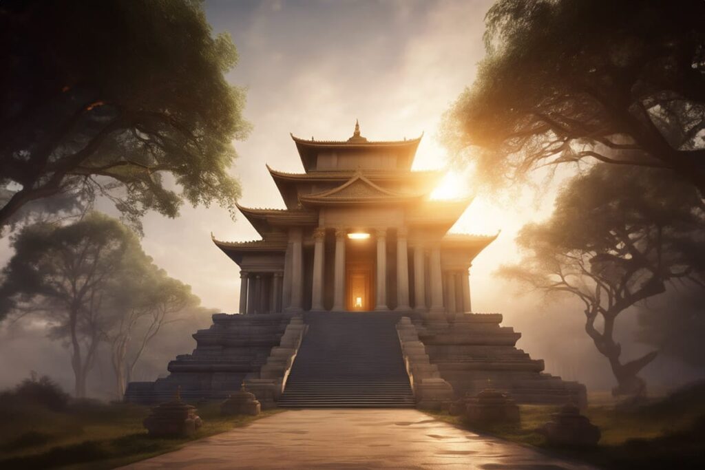 religious temple at dawn with light beams