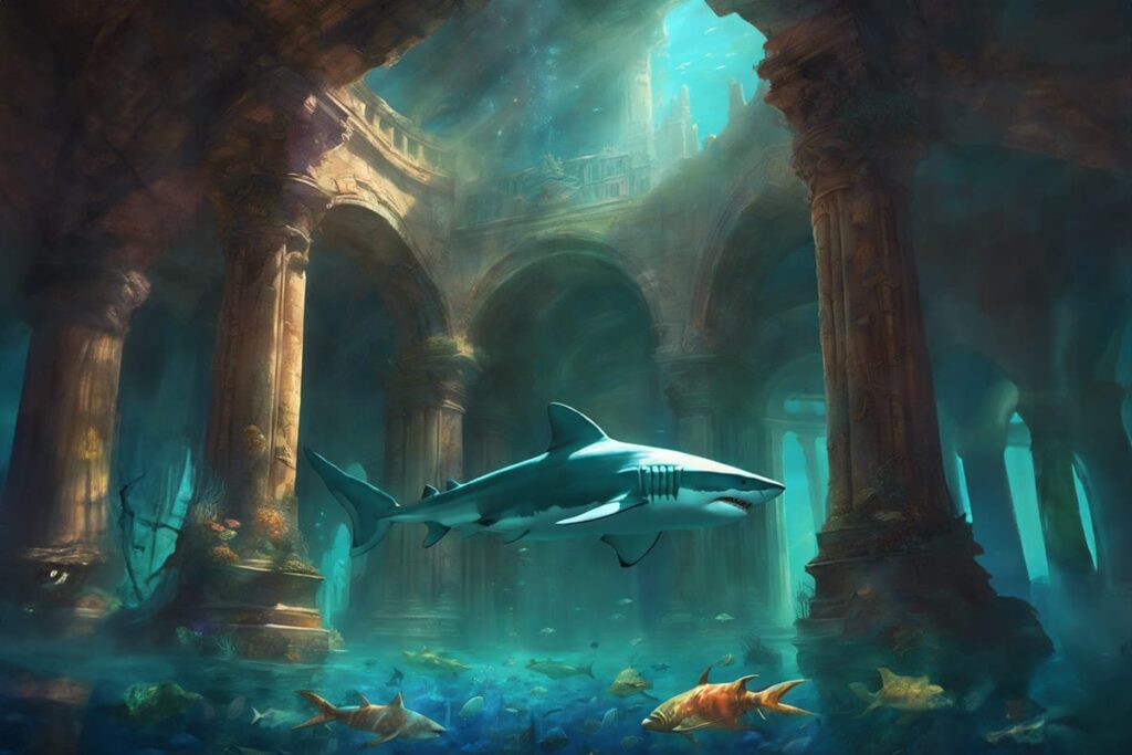 shark swimming through an underwater city