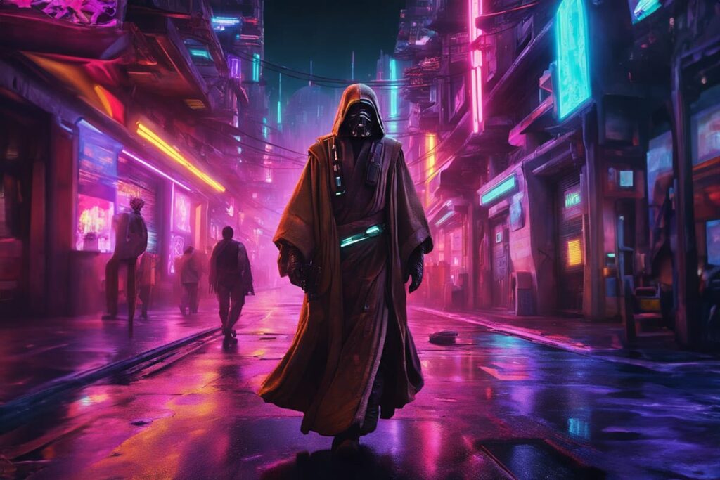 Star Wars character in a robe walking through neon city