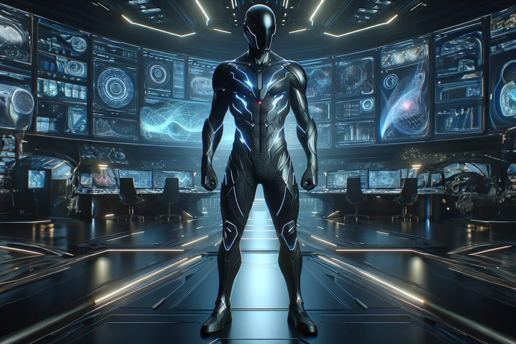 superhero in black suit surrounded by screens