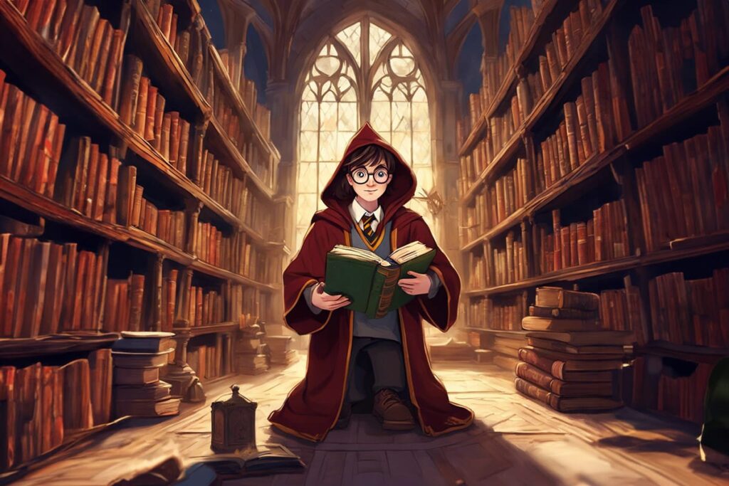 illustration of a wizard in a library