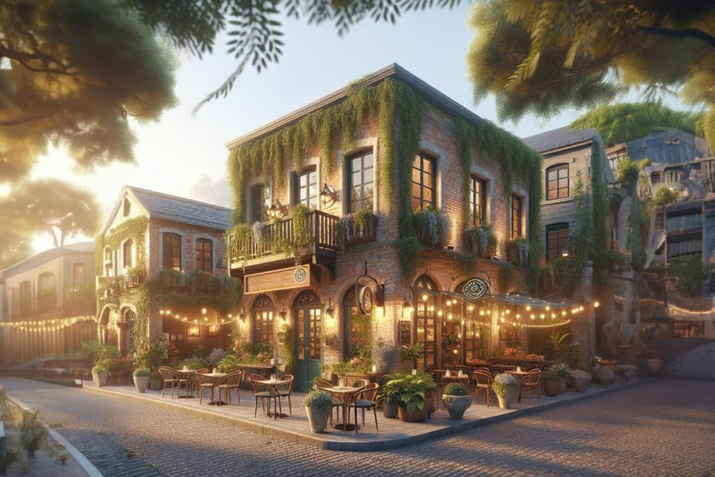 corner restaurant with outdoor seating and lighting