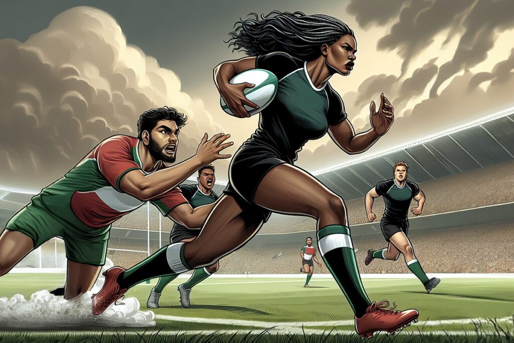 illustration of a rugby match with a woman running and a man trying to tackle her