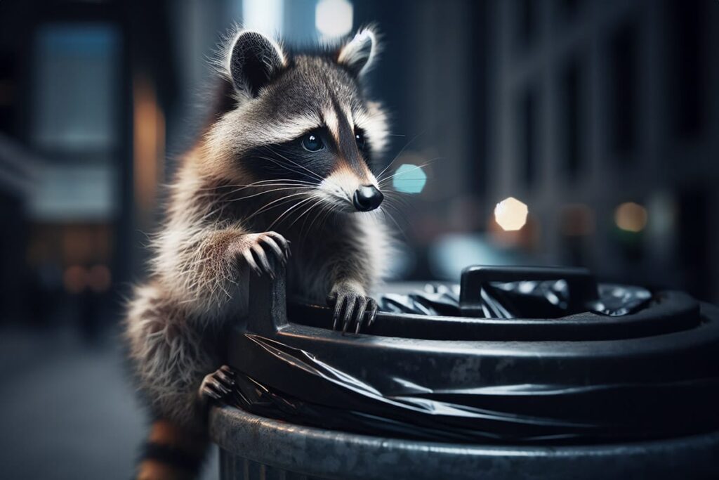 raccoon climbing a trash can